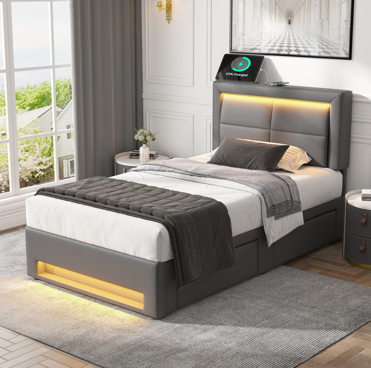 POLSTERBETT mit LED-Beleuchtung 90/190 cm mit 4 Schubladen & USB-Ladefunktion - Grau, Kunststoff (90/200cm) - BEAOK
