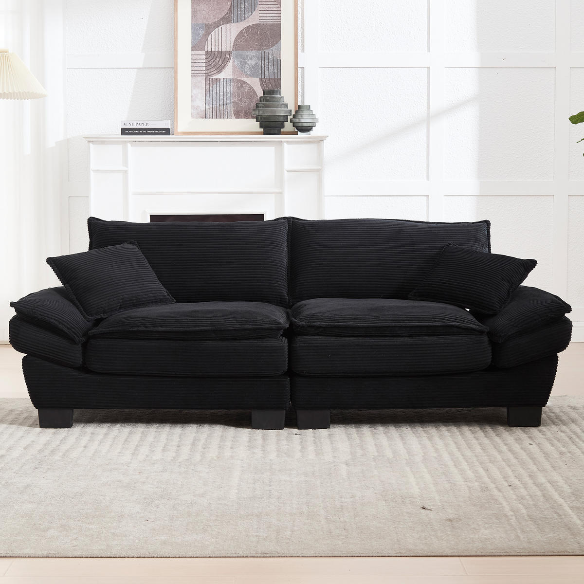 2-SITZER SOFA Cord Schwarz mit Kissen und Armlehnen - Schwarz, Holzwerkstoff/Kunststoff (224/81/81cm) - WISHDOR
