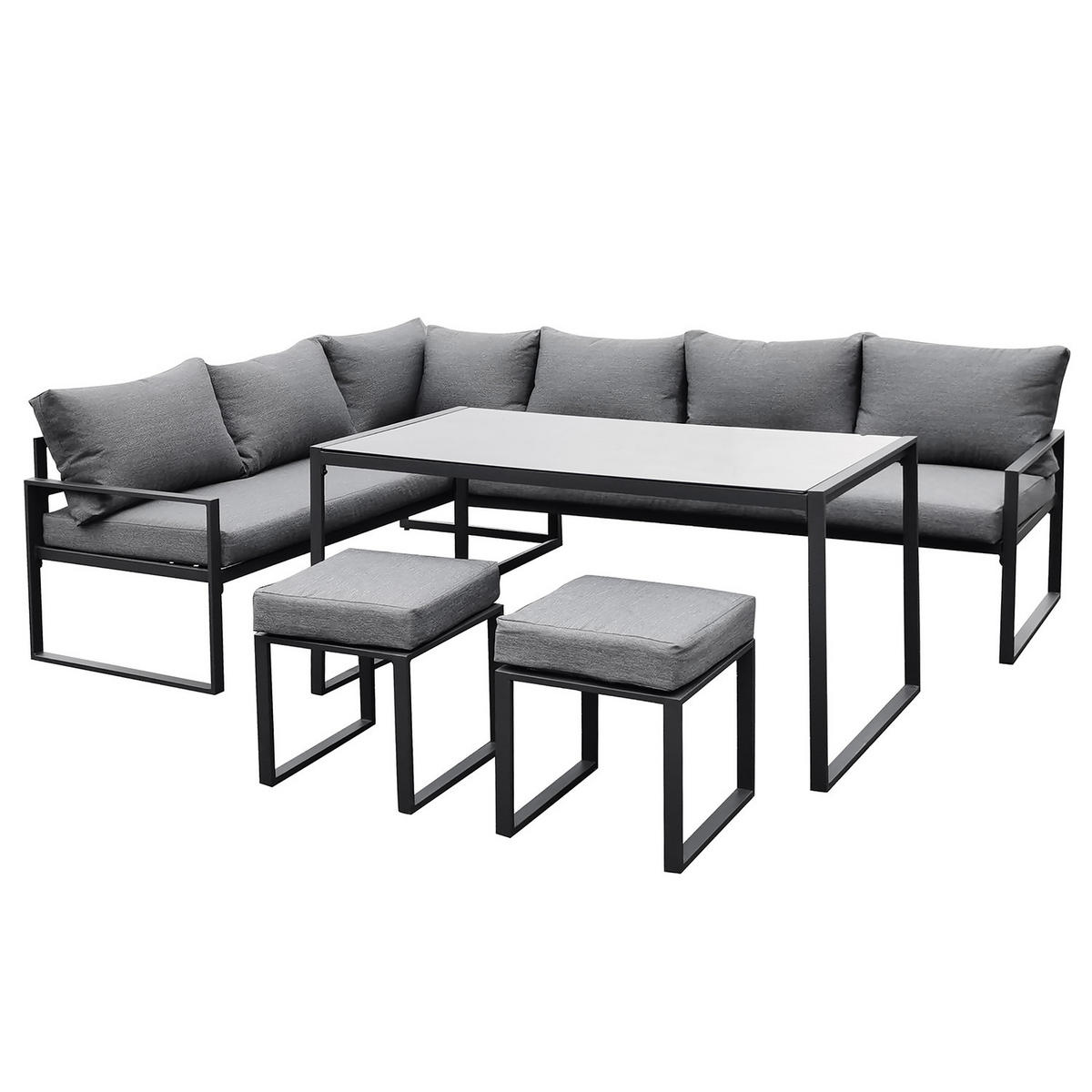 GARTENSITZGRUPPE - Stahl / Polyester - Schwarz / Grau - 5-teilig - Schwarz/Grau, Glas/Textil - home24