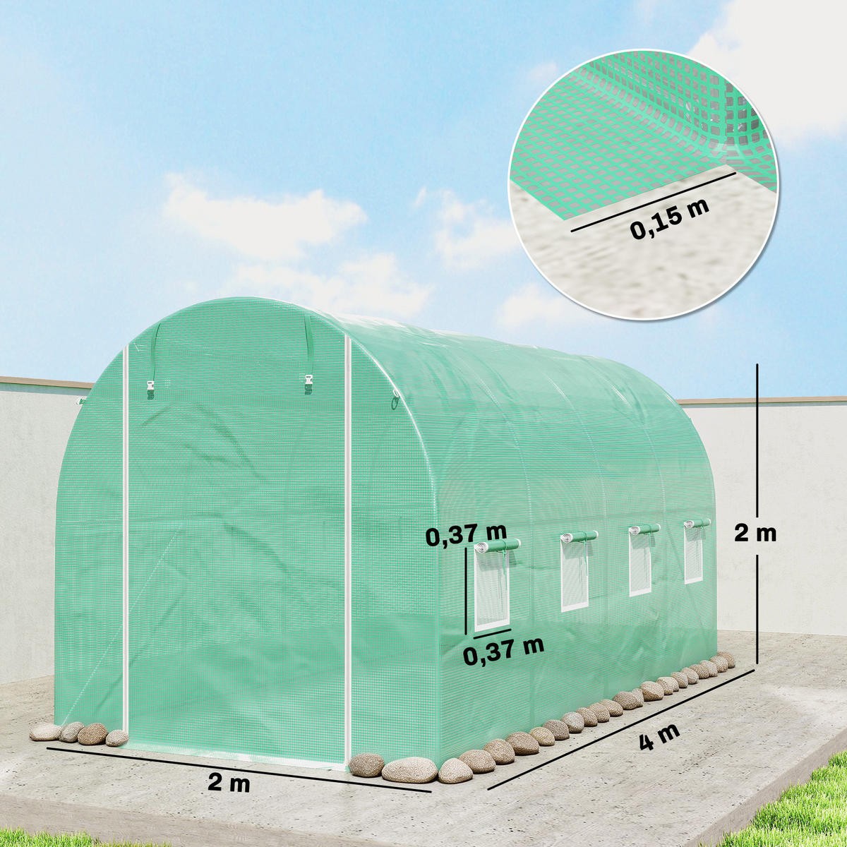 GEWÄCHSHAUSFOLIE DE-05794 4x2 m, mit Tür & 8 Fenstern Grün - Grün, Kunststoff (200/200/400cm) - ComfortXL