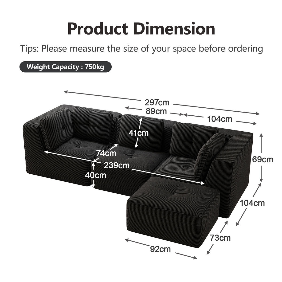 3-SITZER Sofa 297x177x69 cm aus Cordstoff rahmenlos modular mit Ottoman, schwarz - Schwarz, Textil (177/69/297cm)