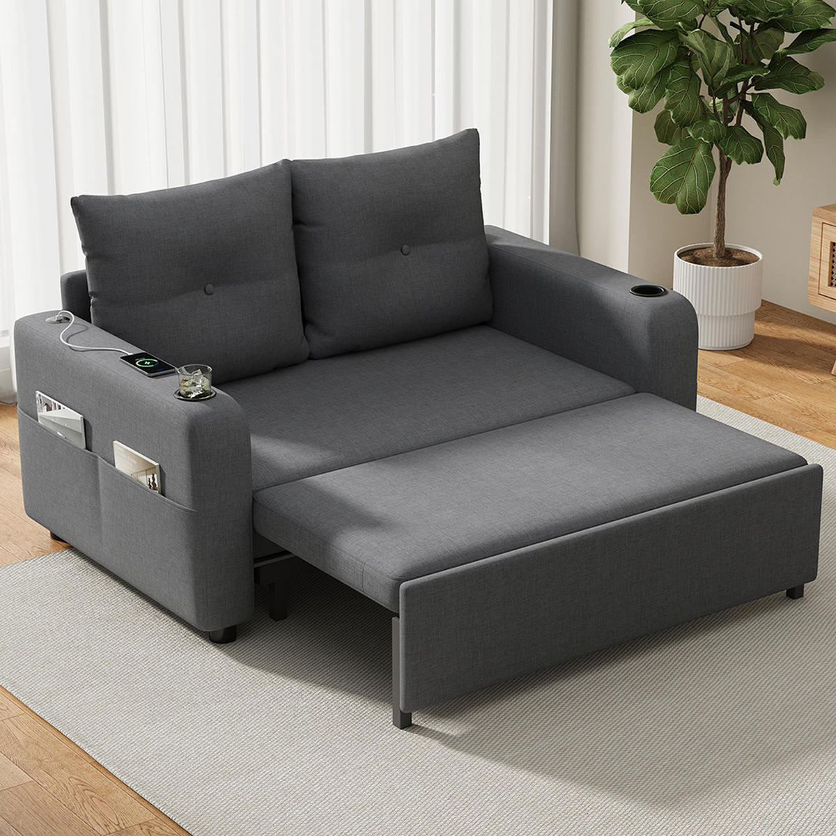 KLAPP-DOPPELSOFA mit Schlaf-Funktion in Grau - Grau, Textil (81/94/131cm) - KOMHTOM