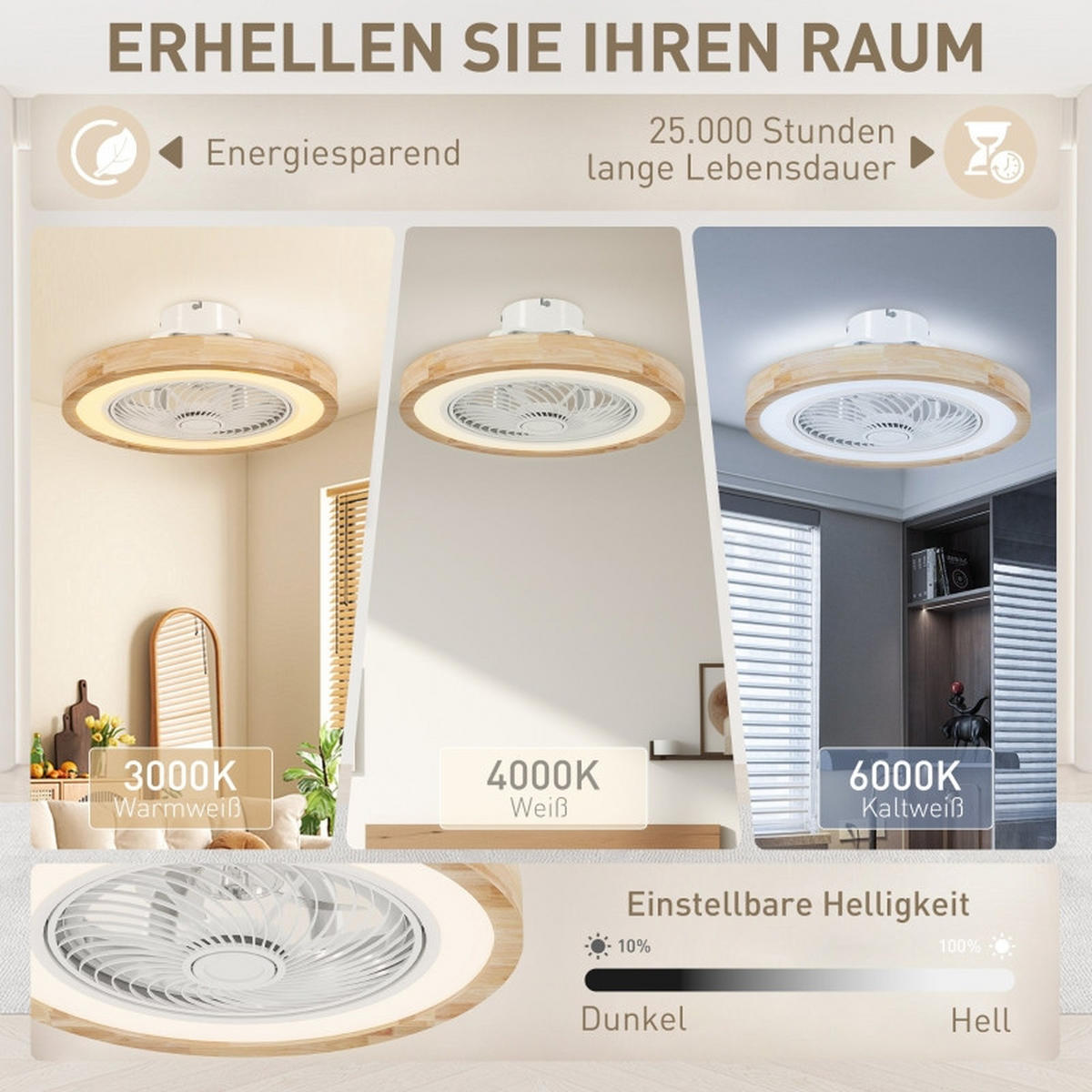 DECKENVENTILATOR LED Licht RGB 40W Fernbedienung Timer Natur - Braun, Kunststoff (50/50/22.5cm) - CASIVA