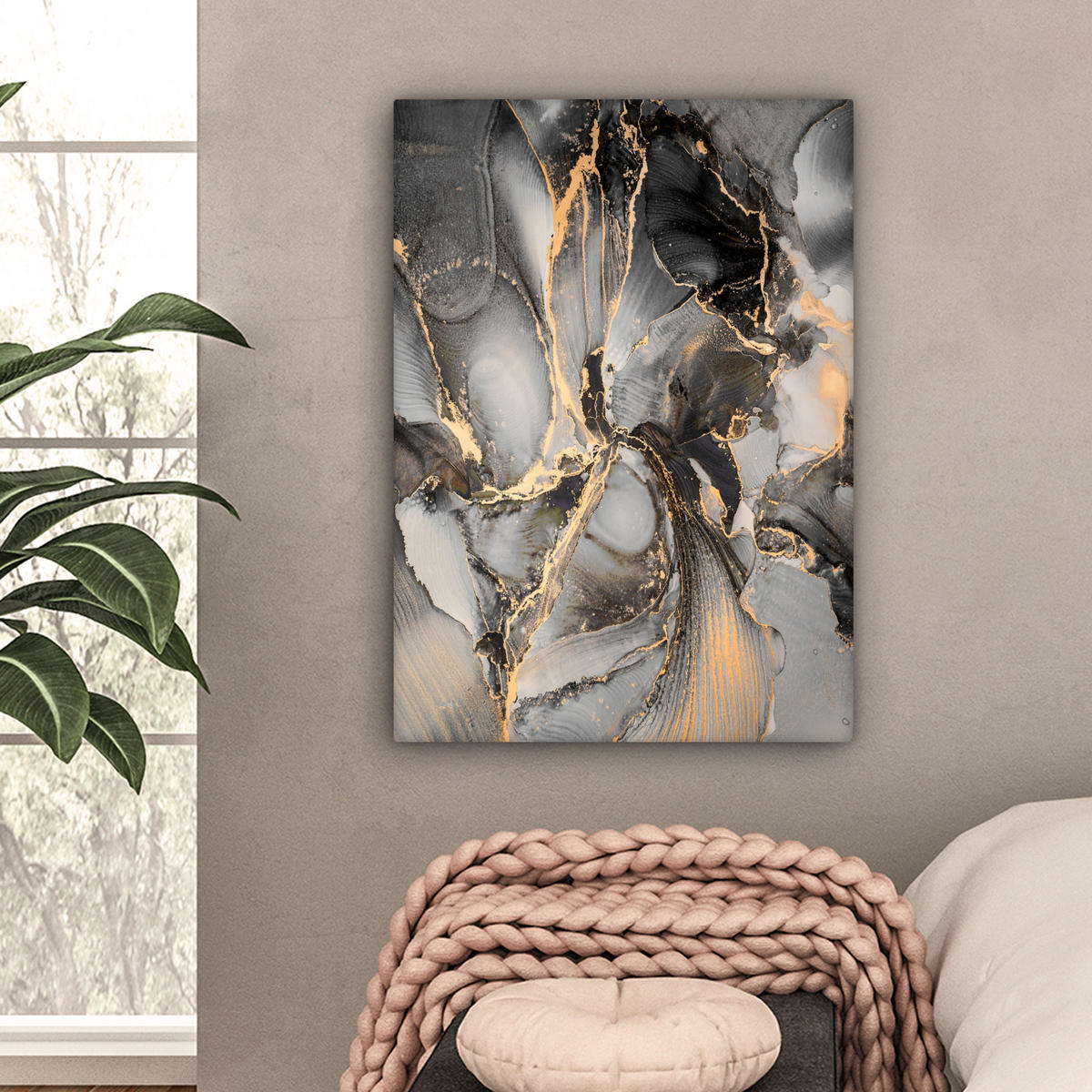 LEINWANDBILD Grau - Luxus - Gold - Marmor 60x80 cm - Dunkelgrau, Textil (60/80cm) - MuchoWow