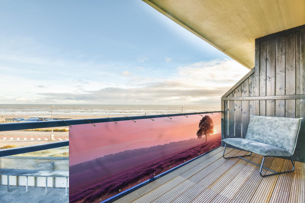 BALKON-SICHTSCHUTZ Baum - Heidekraut - Sonnenaufgang - Flieder, Kunststoff (300/75cm) - MuchoWow