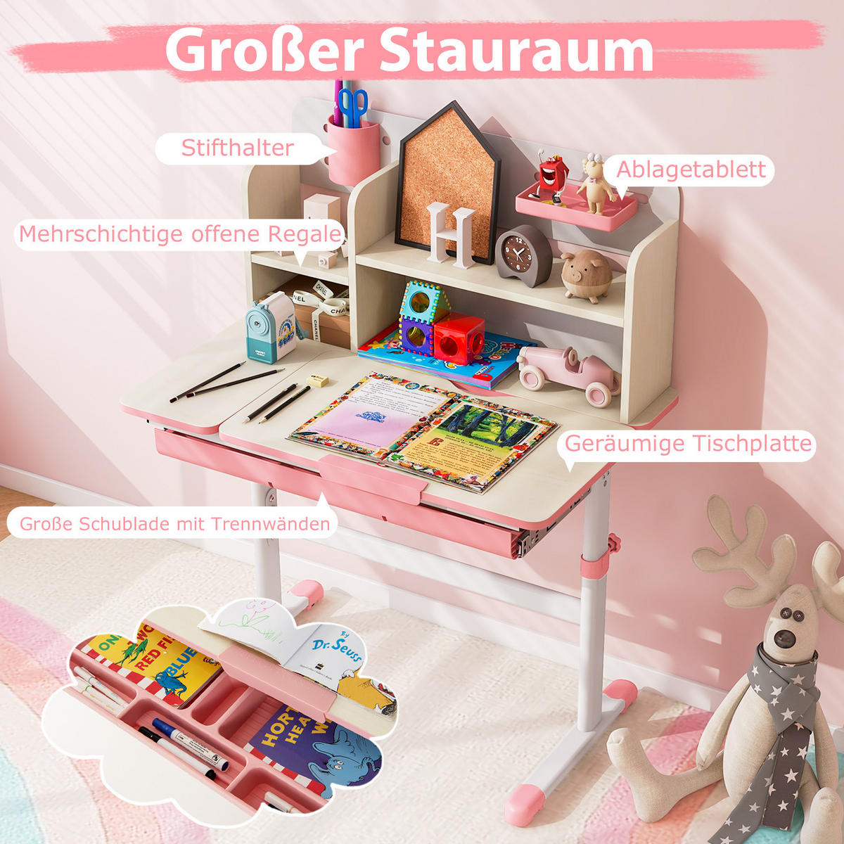 KINDERSCHREIBTISCH Höhenverstellbarer rosa - Pink, Metall (80/88/51cm) - COSTWAY