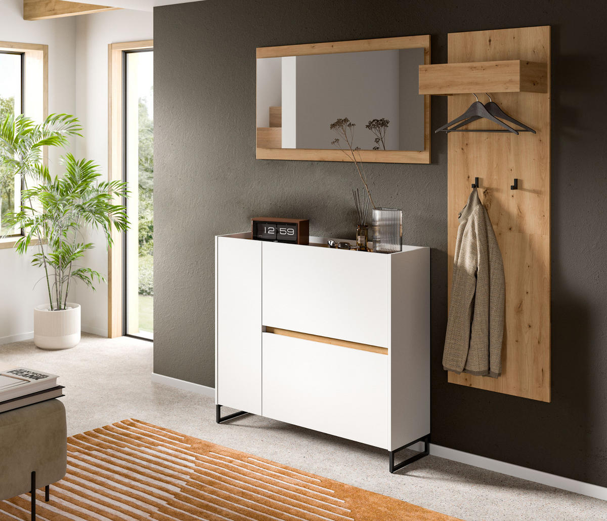 GARDEROBE-SET weiß und Artisan Eiche, Garderobe 3-teilig, 175 x 192 cm, Soft-Close, Borga - Schwarz/Weiß, Holzwerkstoff/Metall (175/192/32cm) - Inn.Furn