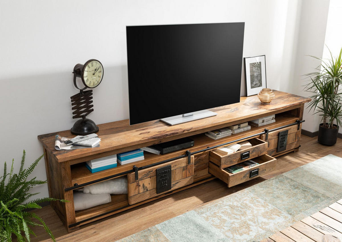 TV-BOARD Mango 260x50x60 natur lackiert RAILWAY #155 - Naturfarben, Holz (260/60/50cm) - Massivmoebel24