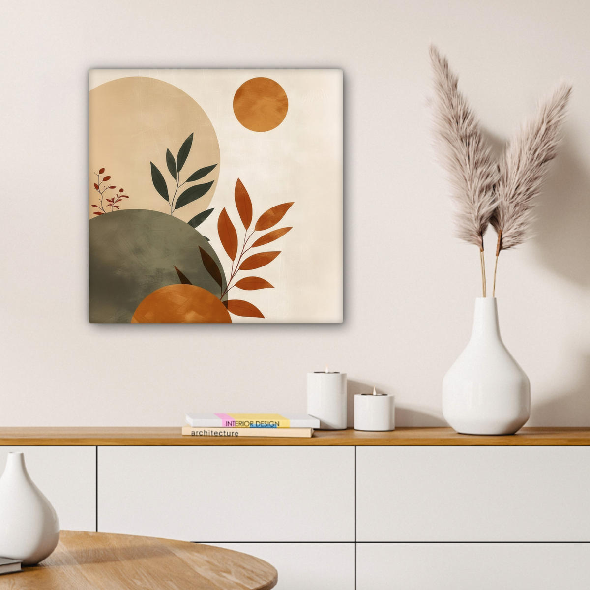 LEINWANDBILD Formen - Rund - Blätter - Beige 50x50 cm - Rostfarben, Textil (50/50cm) - MuchoWow