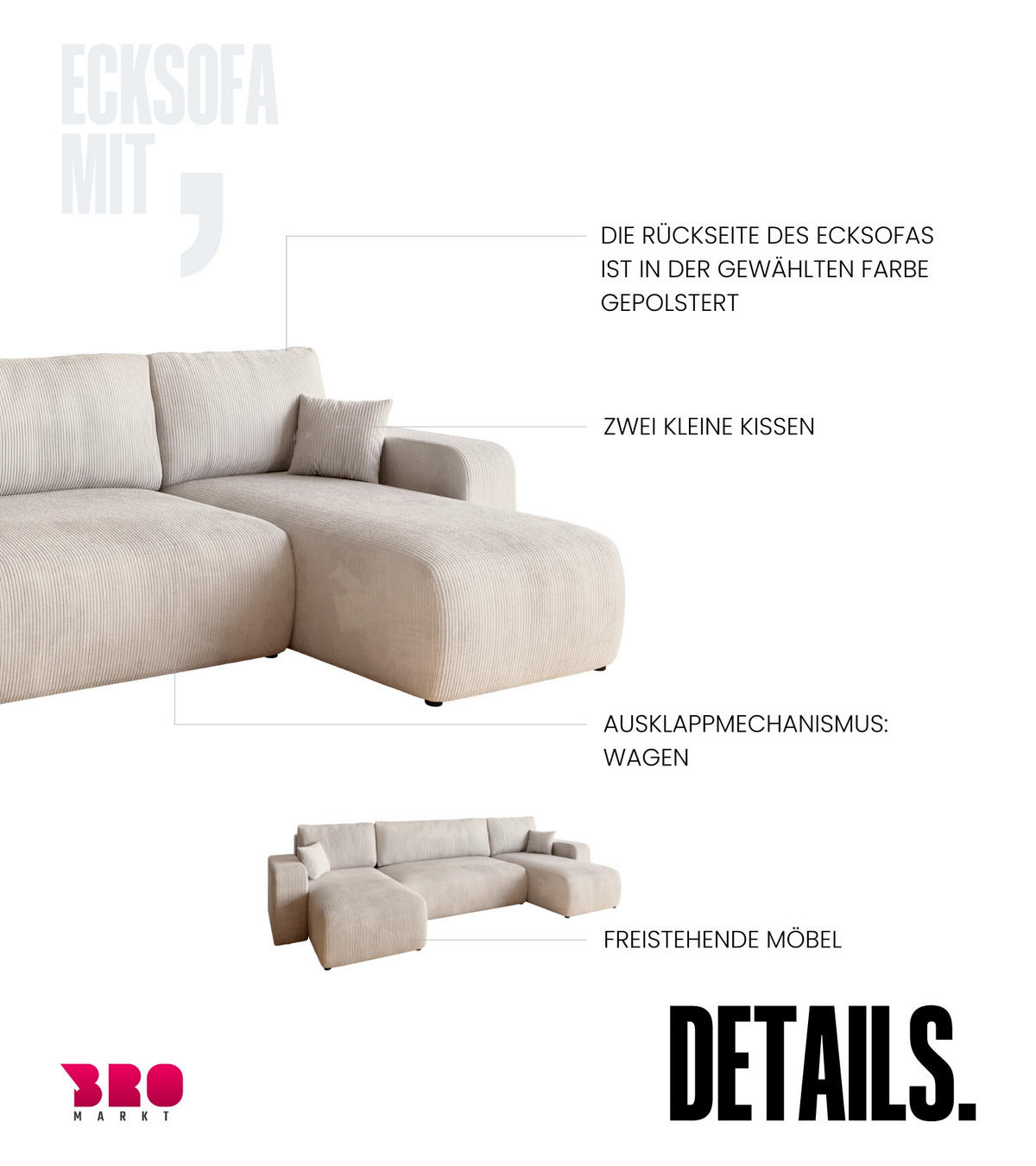 WOHNLANDSCHAFT PUMI mit Schlaffunktion Weiß Cord - Creme, Textil (312/82/148cm) - Bromarkt