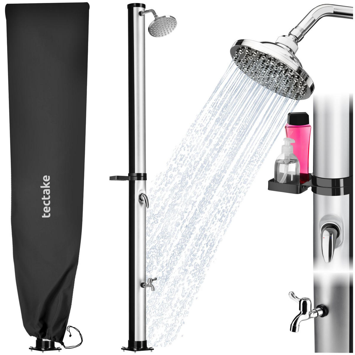 SOLARDUSCHE Tinto, extra Wasserhahn, inklusive Schutzhülle, schwarz/silber - Silberfarben/Schwarz, Kunststoff (15.5/221/42.5cm) - tectake