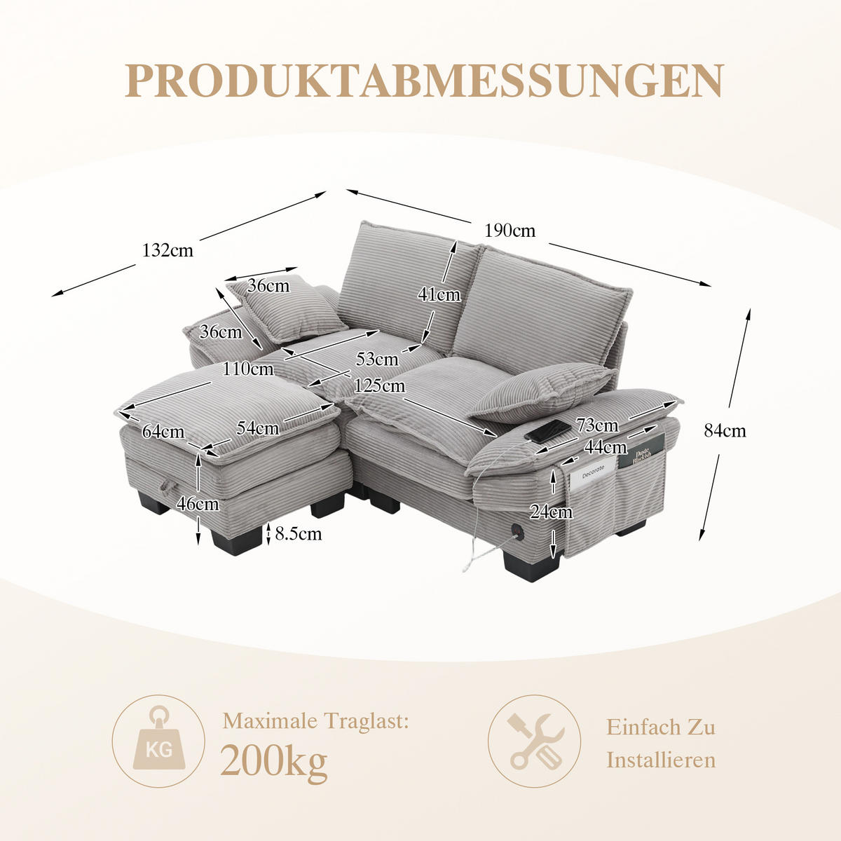 2-SITZER SOFA Cord Hellgrau mit Hocker, USB-C und Seitentaschen - Hellgrau, Holzwerkstoff/Kunststoff (190/132cm) - WISHDOR