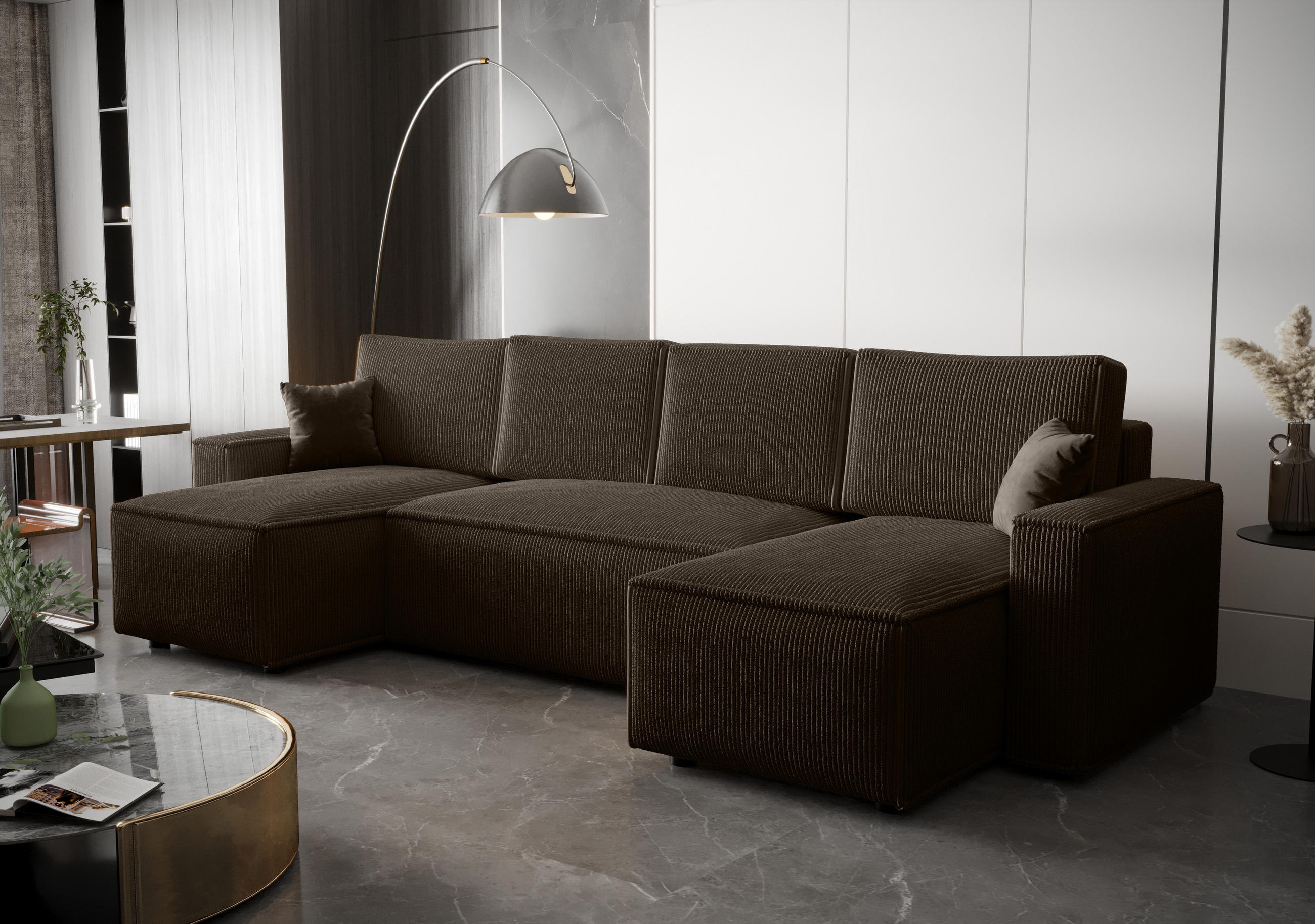 WOHNLANDSCHAFT U AMBRO Poso 06 mit Schlaffunktion U-Form, Sofa mit Stauraum - Braun, Textil (300/85/143cm) - Bedante