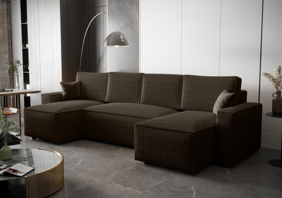 WOHNLANDSCHAFT U AMBRO Poso 06 mit Schlaffunktion U-Form, Sofa mit Stauraum - Braun, Textil (300/85/143cm) - Bedante