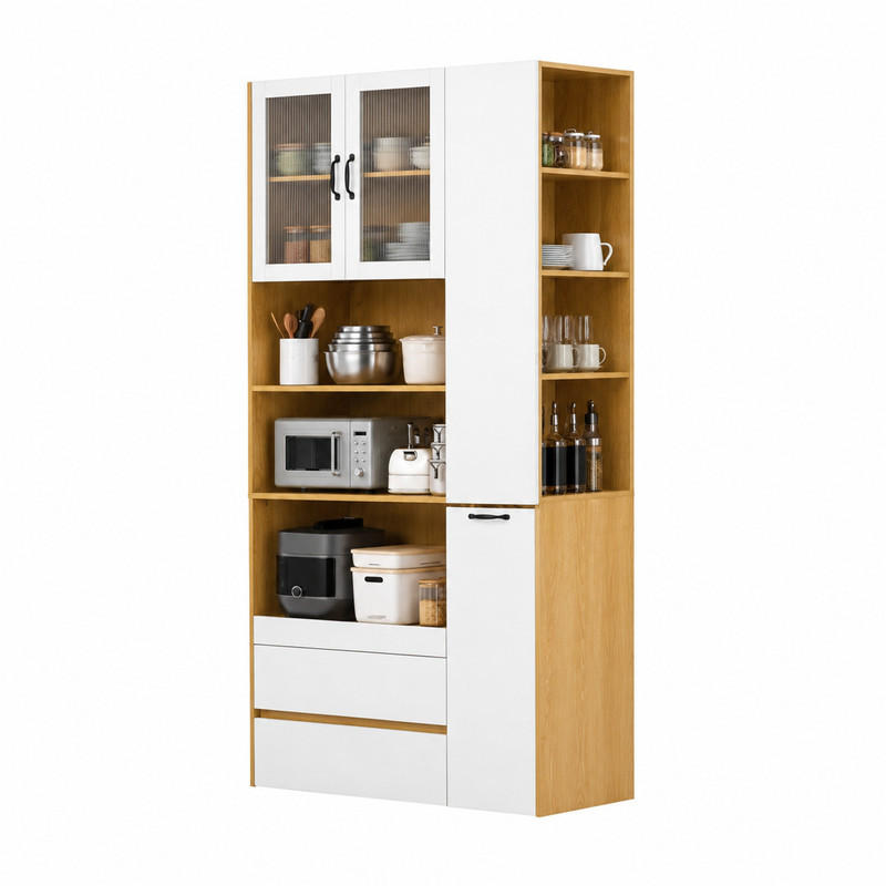 HIGHBOARD mit Schubladen und ausziehbarer Ablage 100 x 40 x 200 cm Weiß/Natur - Hellbraun, Holzwerkstoff (40/200/100cm) - Meubliv