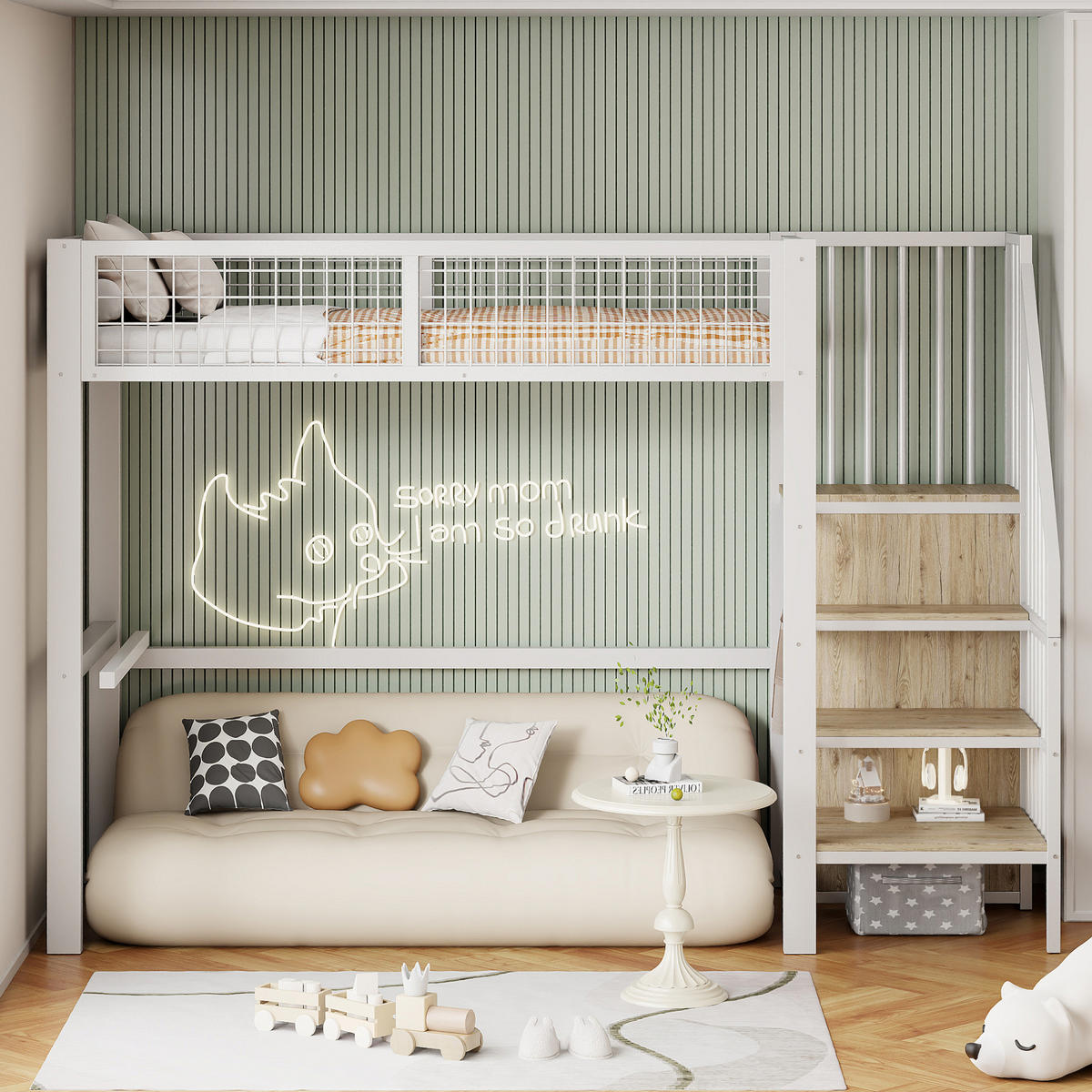 HOCHBETT Metall 90/200 cm mit Sicherheitsleiter, Kleiderschrank und Stauraum, Weiß - Weiß, Metall (90/200cm) - Redom