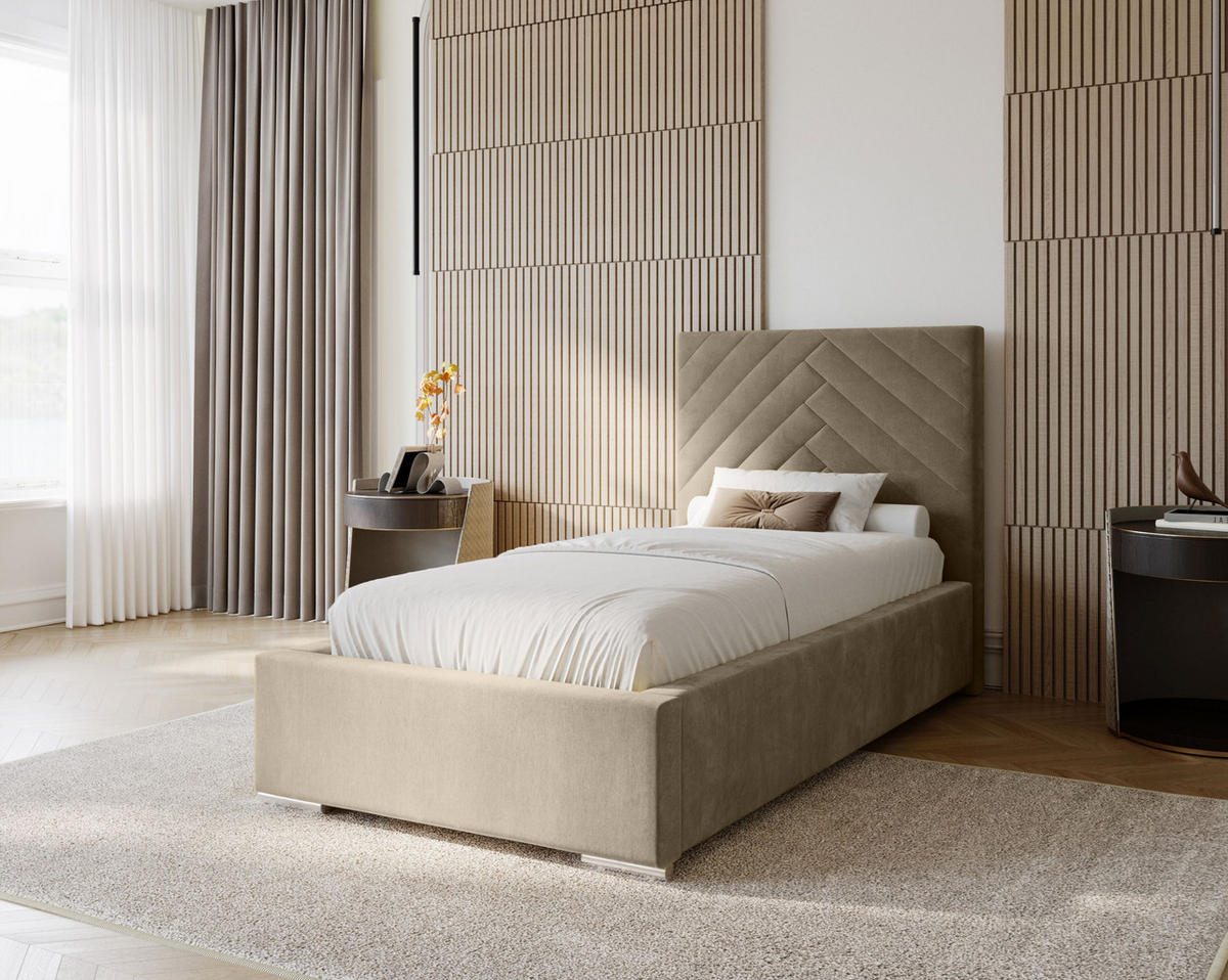 POLSTERBETT Aura 100x200 cm, Einzelbett mit Bettkasten und Lattenrost aus Holz, Velourstoff: Hellbraun - Hellbraun, Holz/Kunststoff (100/200cm) - Marpur