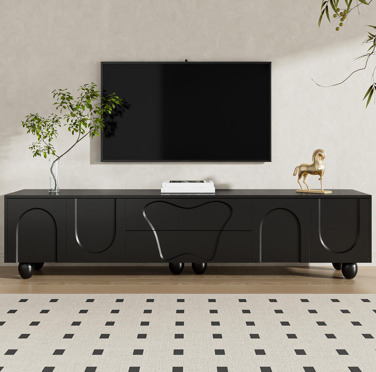 TV-LOWBOARD aus Spanplatte 180x40x42 cm Schwarz mit Schubladen, Fächern und Massivholzbeinen - Schwarz, Holzwerkstoff (180/42/40cm) - IVMEU