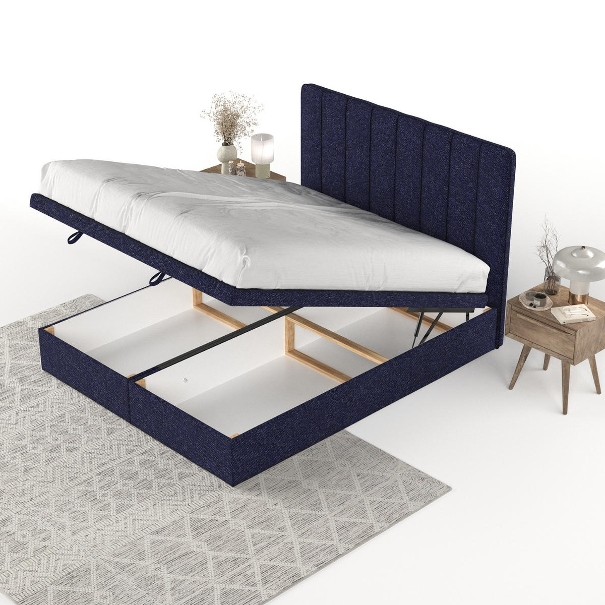 POLSTERBETT Vienna mit Stauraum 200/200 cm Marineblau im Alta Stoff - Schwarz/Dunkelblau, Holz/Holzwerkstoff (200/200cm) - AltaBeds