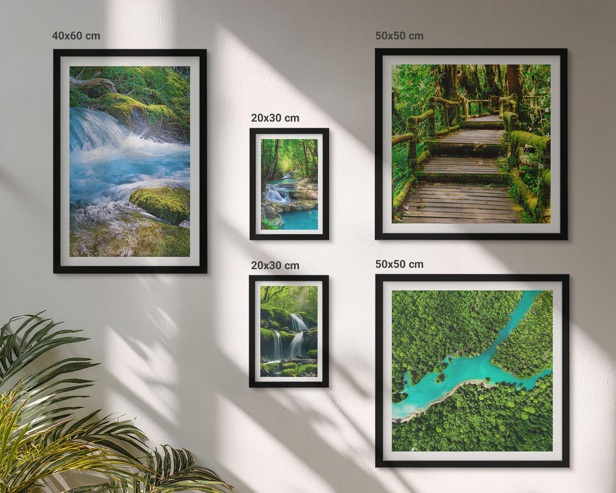 WANDBILDER 5er-Set - 50x50 cm & 20x30 cm & 40x60 cm Schwarzer Rahmen - Grüne Berge, Flussfelsen - Schwarz, Kunststoff (40/60cm) - ArtPrintCave