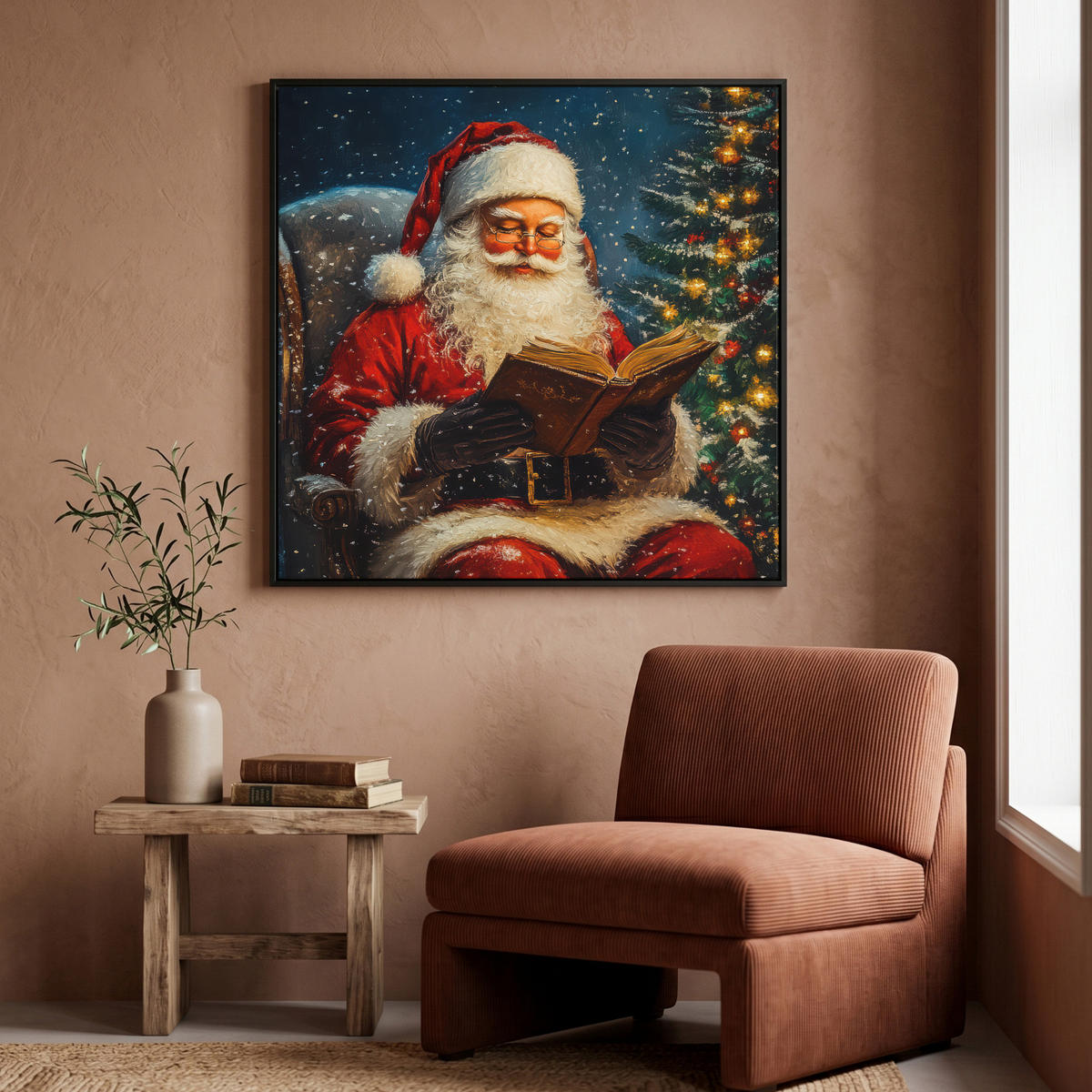 LEINWAND Bilder mit Rahmen - Weihnachtsmann - Weihnachten - Winter - Weihnachtsbaum - 90x90 - Bordeaux, Textil (90/90cm) - MuchoWow