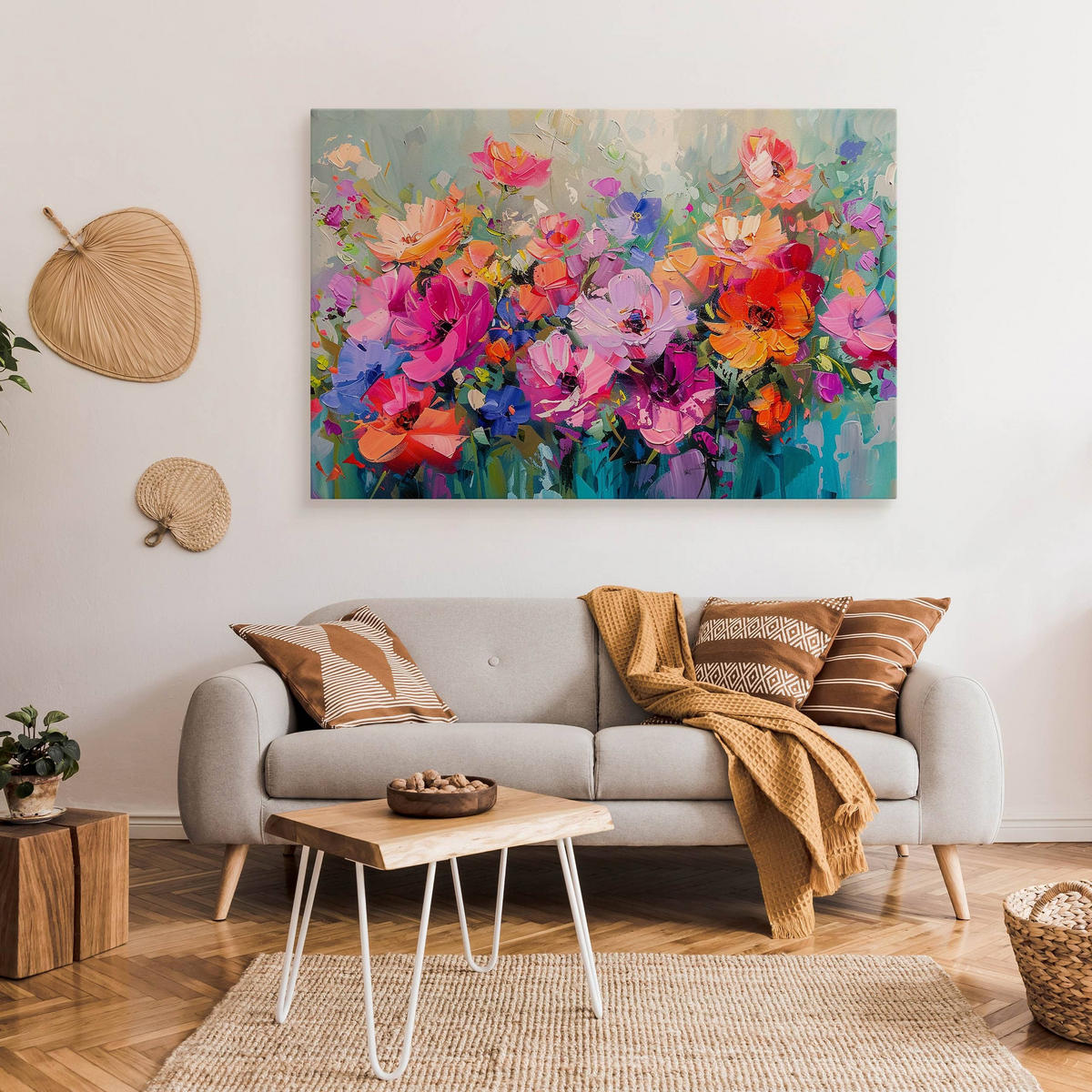 LEINWANDBILD Blumen Malarei Abstraktion 90x60 - Blau/Beige, Textil (90/60cm) - Muralo