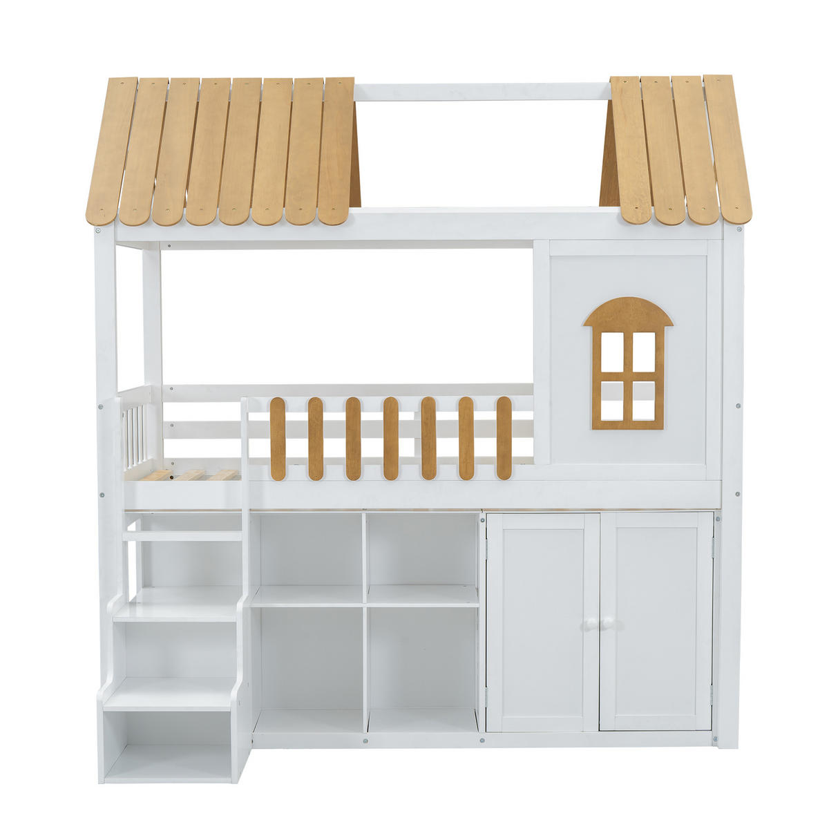 ETAGENBETT 90/200 cm in Weiß & Natur mit Schrank, Regal und Fenster aus Kiefer & MDF - Weiß/Naturfarben, Holz/Holzwerkstoff (90/200cm) - CHICFURN