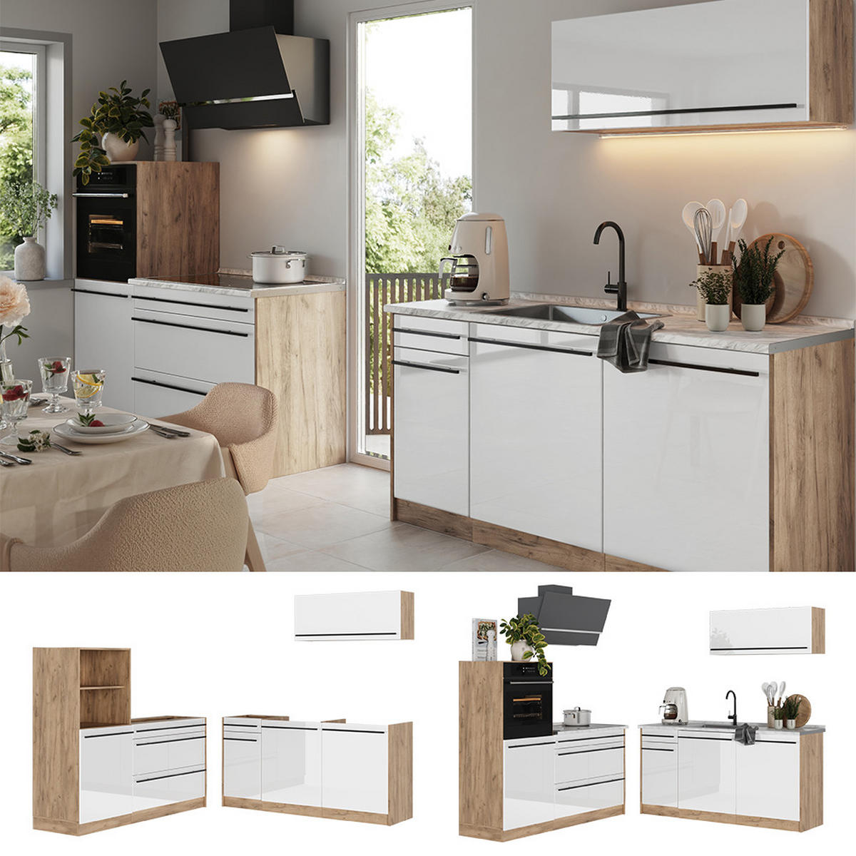 KÜCHENZEILE R-Line, Weiß Hochglanz/Goldkraft Eiche, 160 cm Arbeitsplatte Goldkraft Eiche - Honigeiche/Weiß Hochglanz, Holzwerkstoff (160/143/60cm) - Vicco