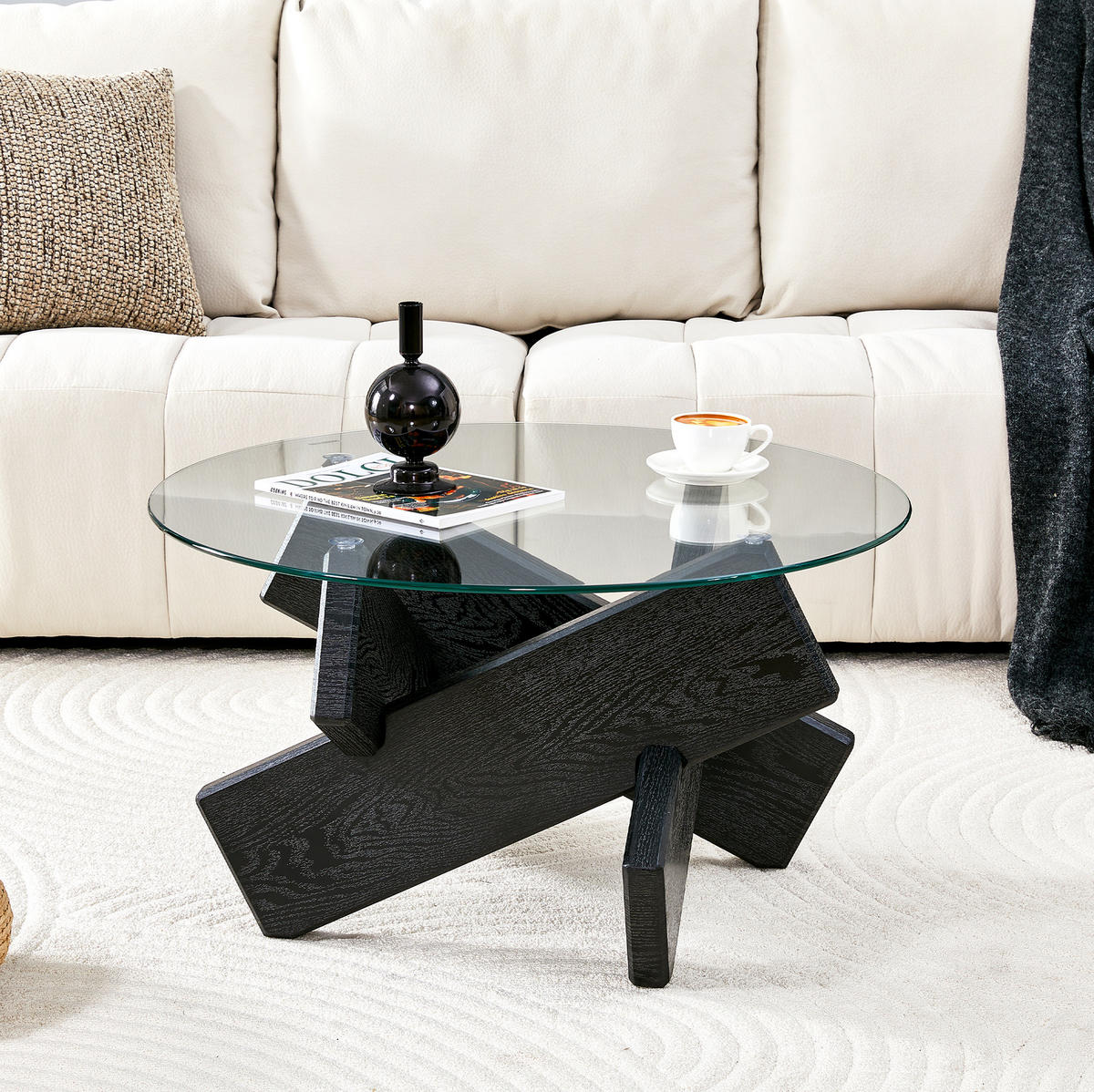 COUCHTISCH, MDF mit Holzmaserung & 0,8 cm gehärtetes Glas, kreuzförmige Stütze, 79/79/45 cm, schwarz/transparent - Schwarz, Holzwerkstoff (79/79/45cm) - Redom
