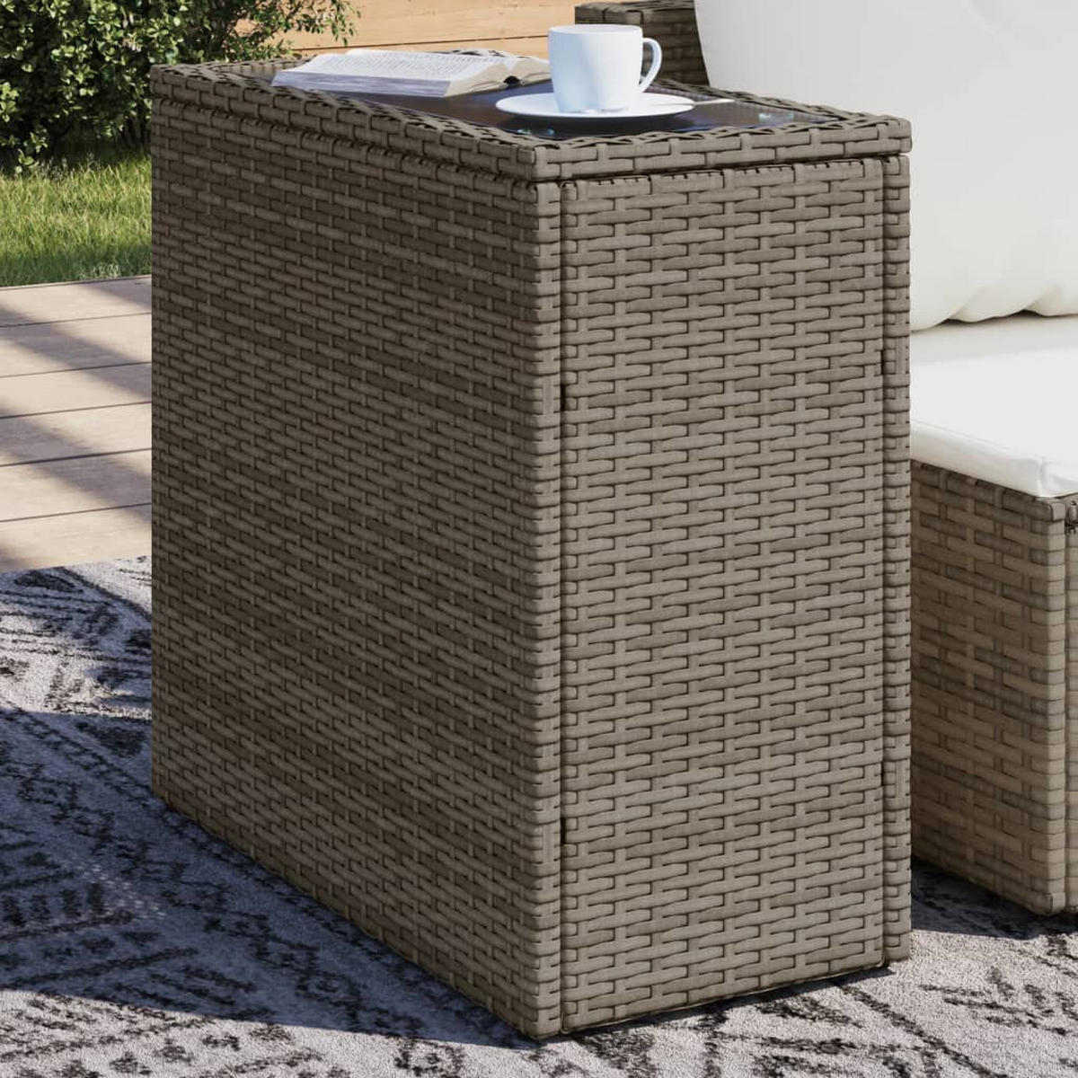 GARTEN-BEISTELLTISCH Mit Glasplatte Grau 58/27,5/55 Cm Rattan - Grau, Kunststoff (58/27.5/55cm) - vidaXL