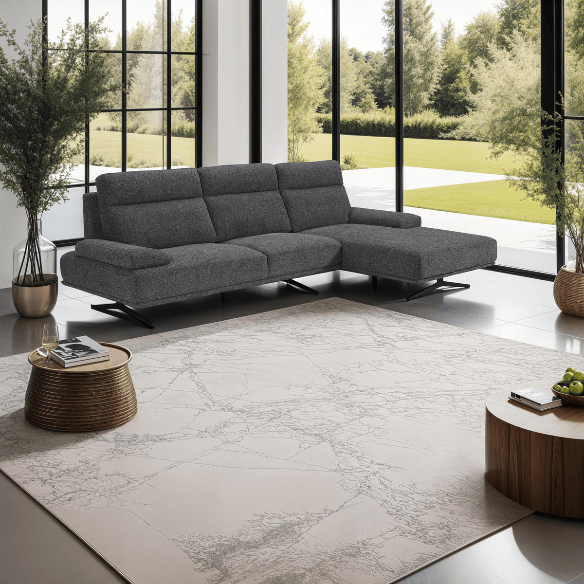 ECKSOFA Webstoff Grau - Schwarz/Grau, Textil/Metall (304/176cm) - Furnhouse