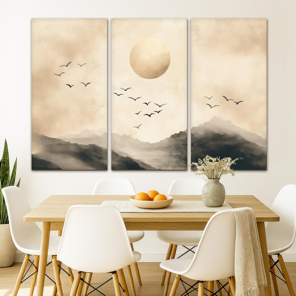 LEINWANDBILD 3er Set Landschaft - Japandi - Beige - Vögel 180x120 cm - Beige, Textil (180/120cm) - MuchoWow