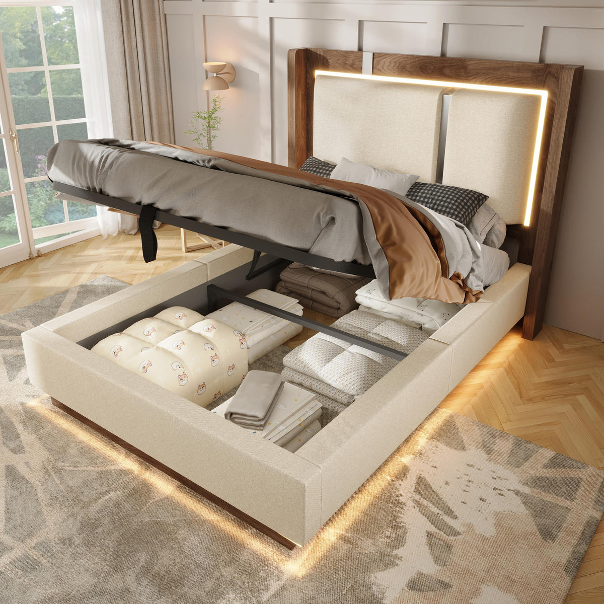 POLSTERBETT 90/200 cm in Beige Leinen mit LED und Bettkasten - Beige, Holzwerkstoff/Textil (90/200cm) - WISHDOR