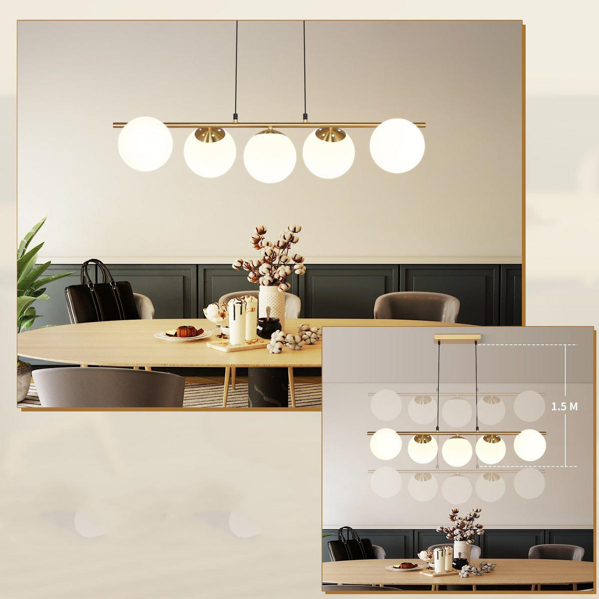 PENDELLEUCHTE Caspian 90/15/173.5 cm - Goldfarben/Weiß, Glas/Metall (90/15/173.5cm) - ZMH
