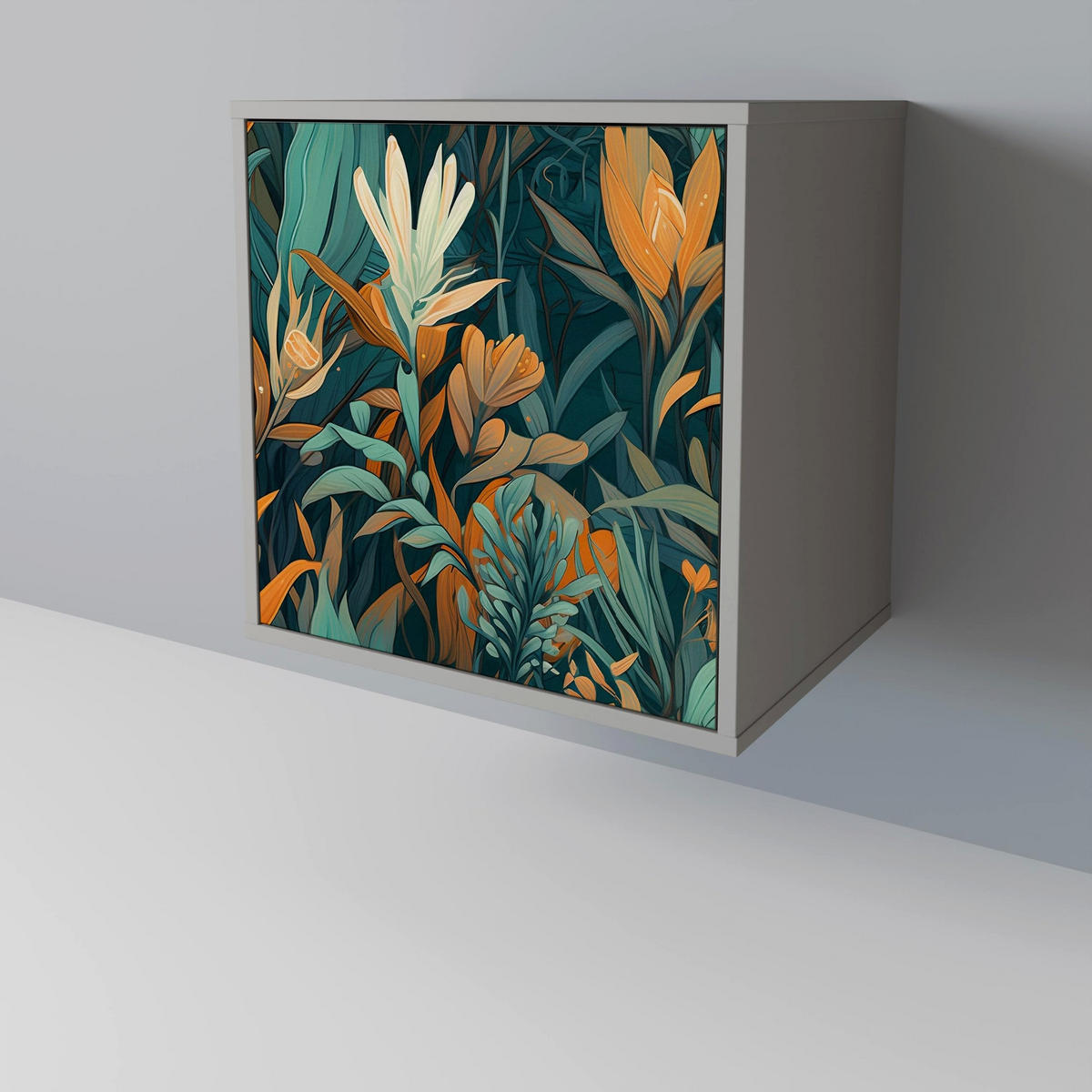 SIDEBOARD FLORAL SERENITY, Grau, 57,5x42x77,5 cm, Schräge Buchenholzfüße - Buchefarben/Multicolor, Holzwerkstoff/Buchenholz (57.5/77.5/42cm) - SpaceRebels