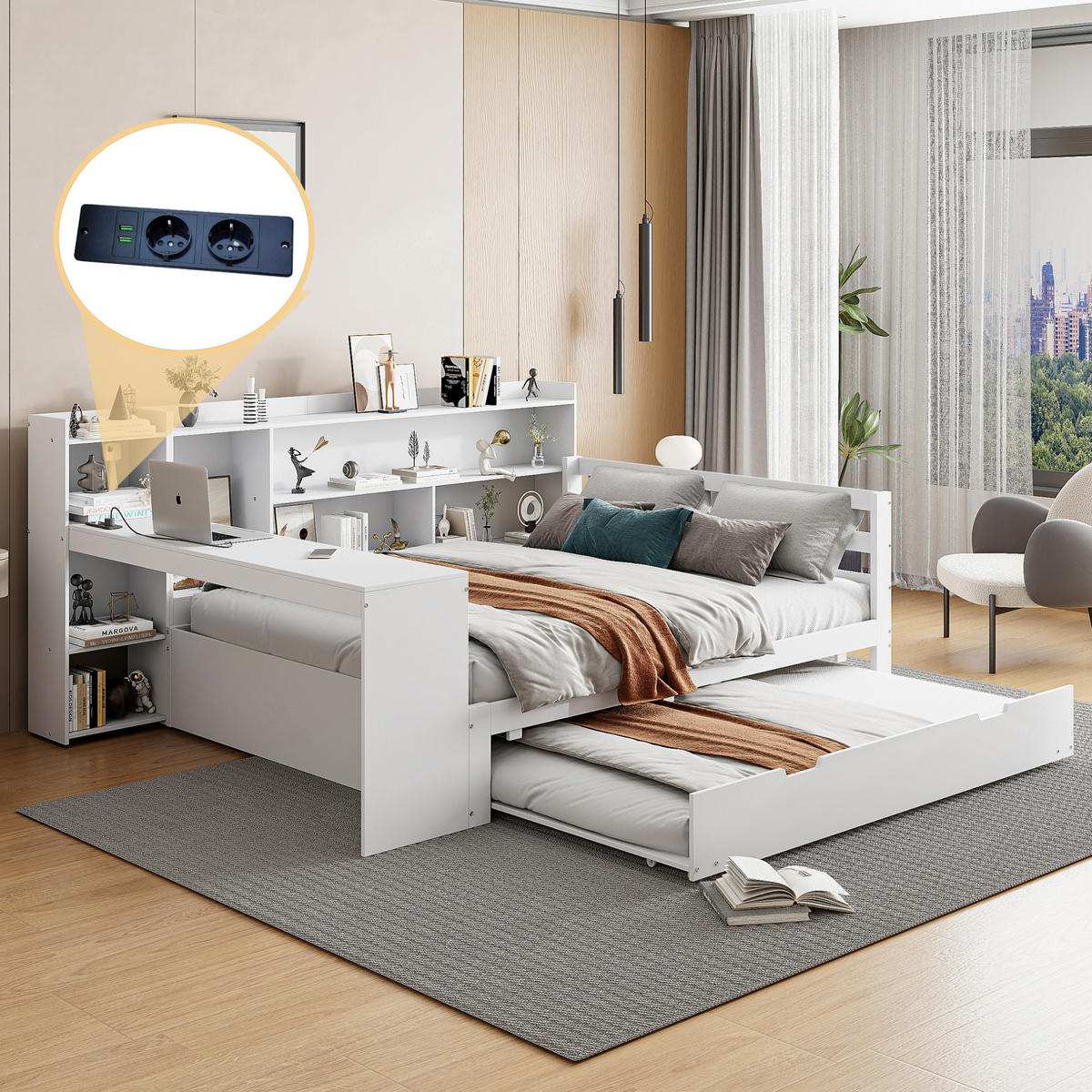 SCHLAFSOFA 140/200 cm mit Ausziehbett, Schreibtisch, Regalen und USB-Steckdose, Weiß - Weiß, Holzwerkstoff (165/100/245.5cm) - Redom