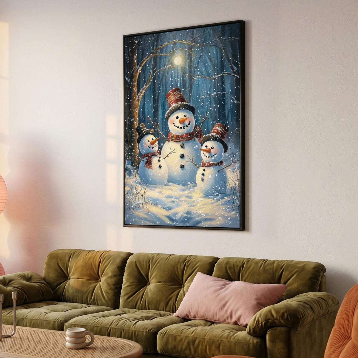 LEINWAND Bilder mit Rahmen - Schneemann - Schnee - Winter - Wald - 80x120 - Hellblau, Textil (80/120cm) - MuchoWow