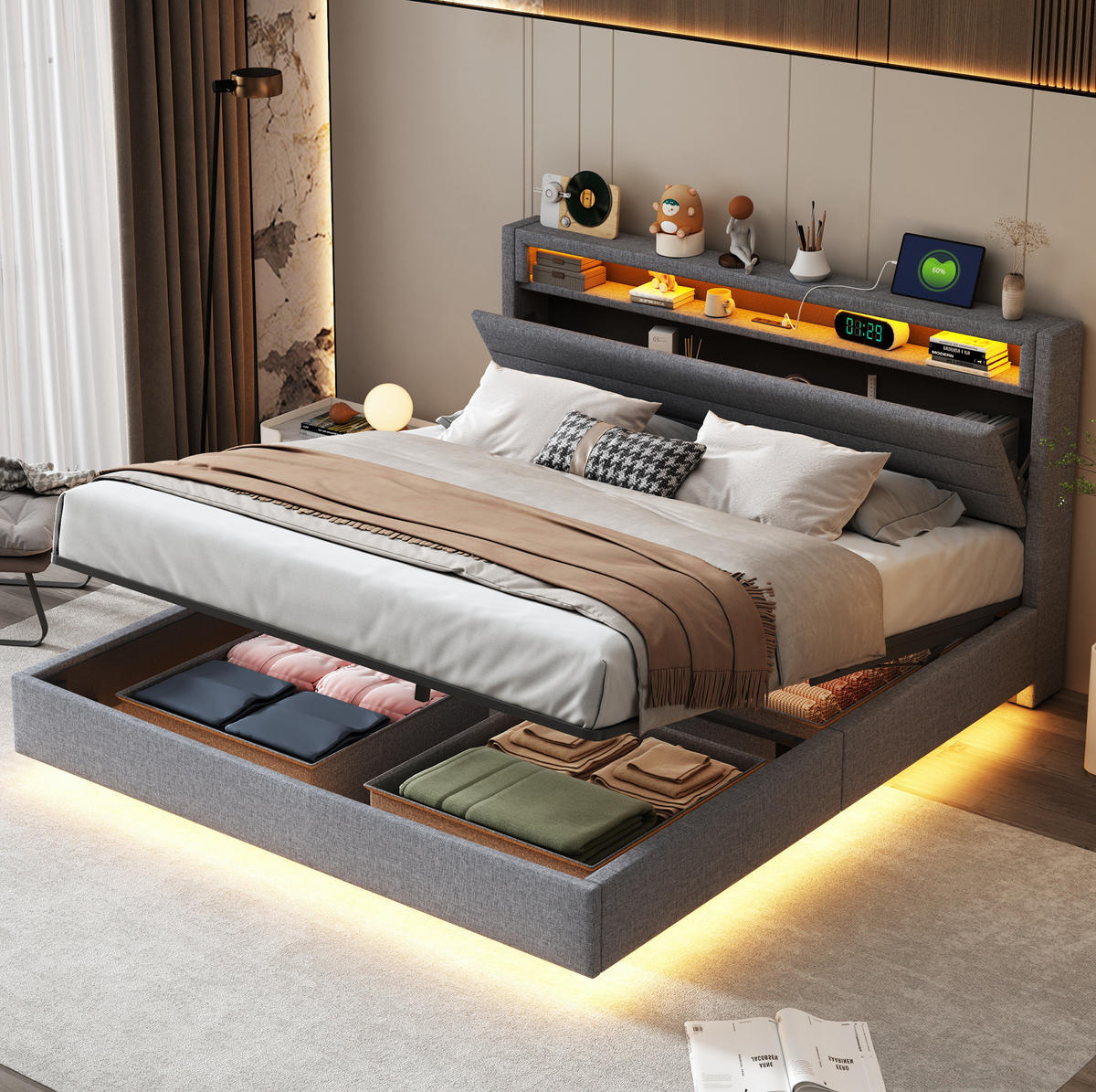 ČALÚNENÁ posteľ z látky 160x200 cm sivá s USB, LED osvetlením, hydraulickým úložným priestorom a otočným čelom - sivá, textil (160/200cm) - Modfu