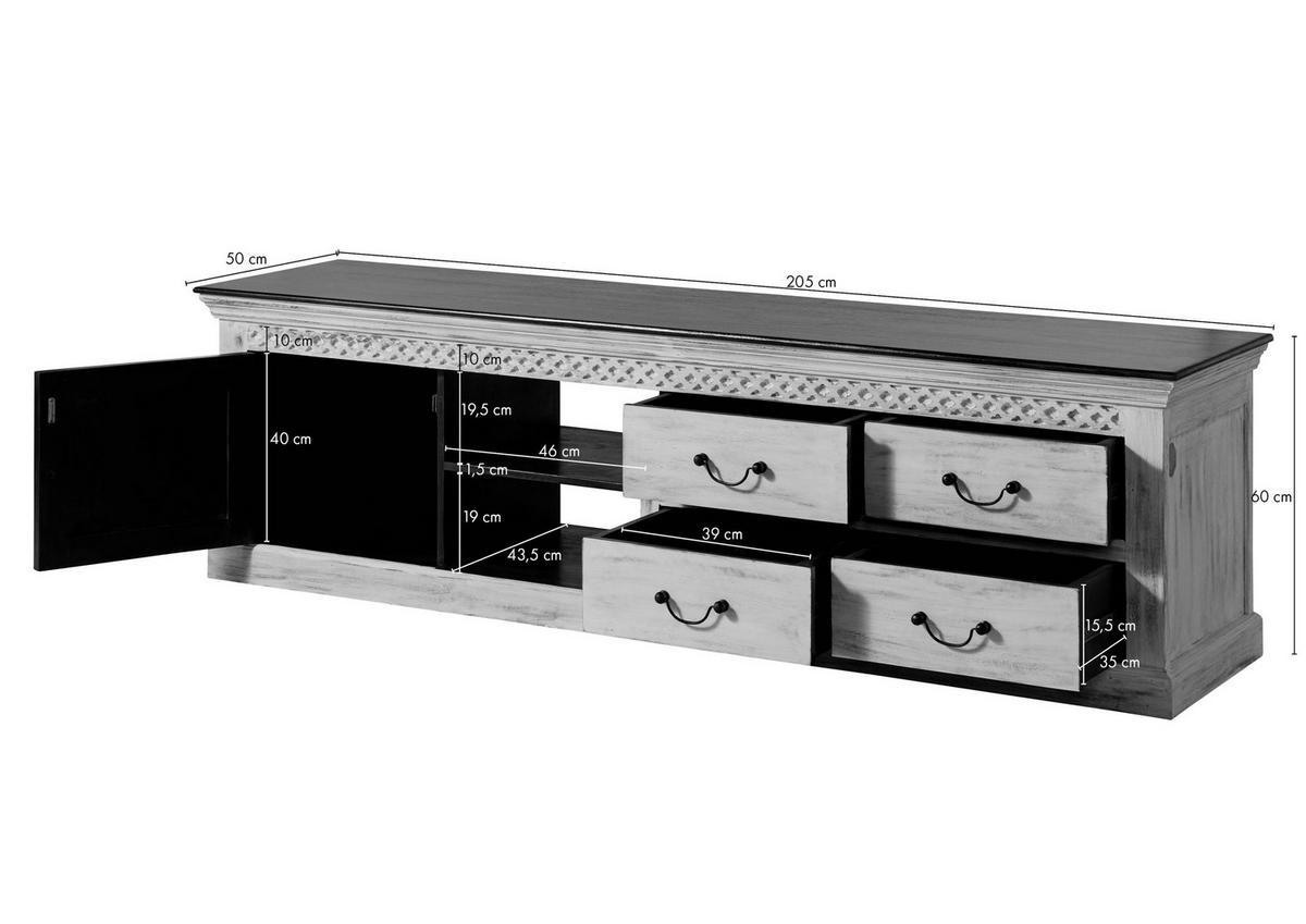 TV-BOARD Mango / Akazie 205x50x60 weiß gewachst CASTLE-ANTIK #115 - Weiß, Holz (50/60/205cm) - Massivmoebel24