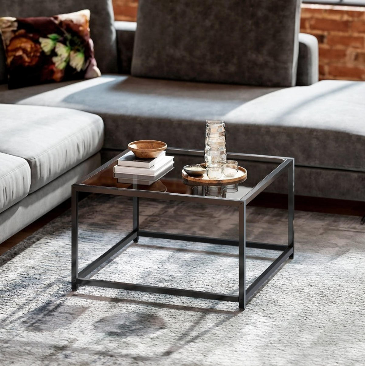 COUCHTISCH aus Hartglas und Stahl 68x68x39 cm in Schwarz - Schwarz, Glas (68/68/39cm) - Modfu