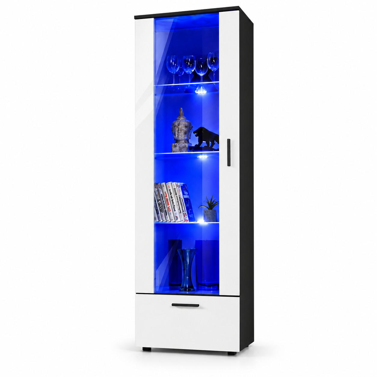 VITRINE ALESSANDRIA, Weiss, LED Blau - Schwarz/Weiß, Glas/Holzwerkstoff (60/192/42cm) - Komodee
