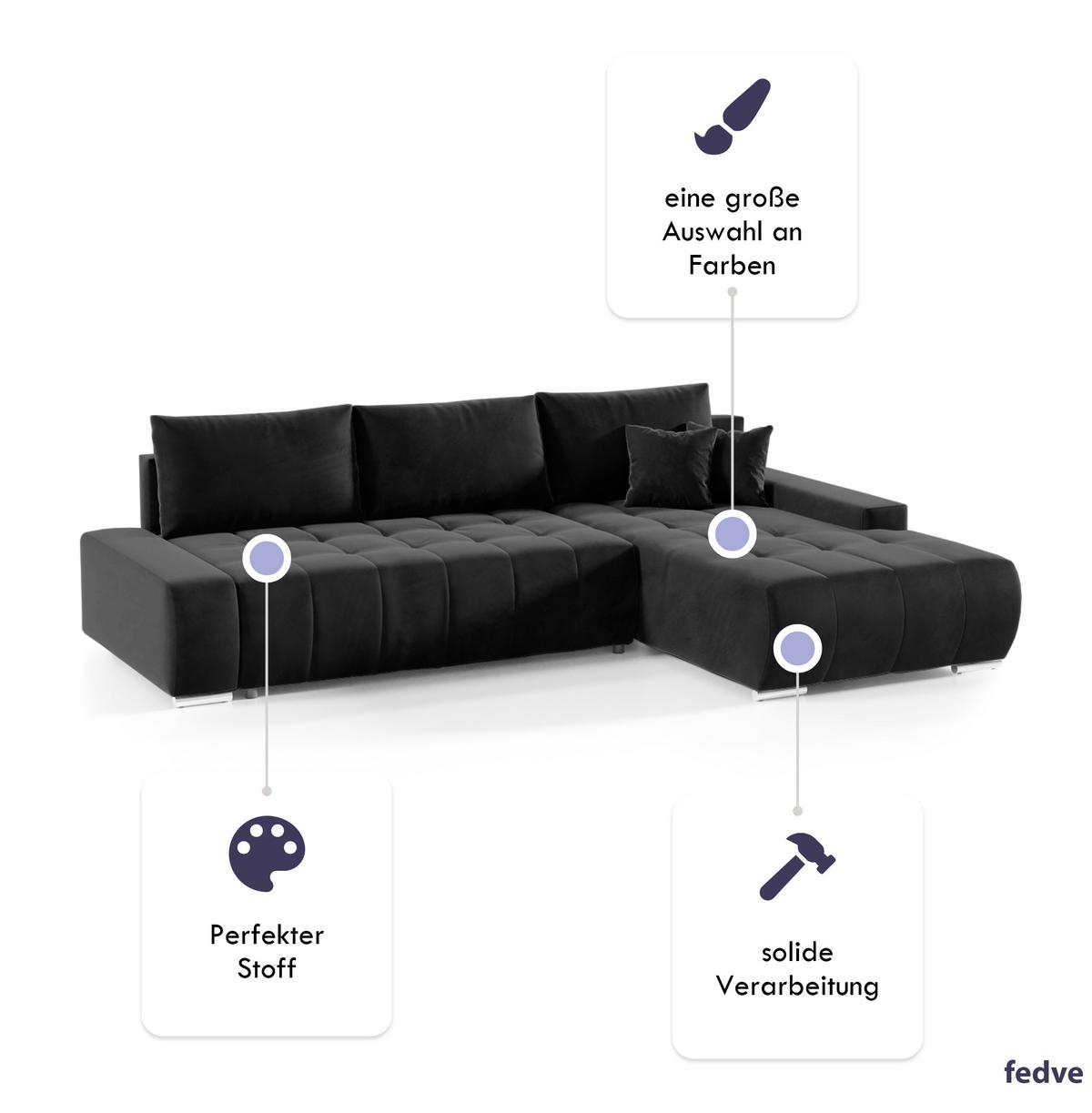 ECKSOFA mit Schlaffunktion Dhaka L, Schwarz - Schwarz, Textil (185/265cm) - Fedve
