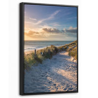 LEINWAND Bilder mit Rahmen - Sonnenuntergang - Strand - Düne - Gras - Ufer - 40x60 - Sandfarben, Textil (40/60cm) - MuchoWow
