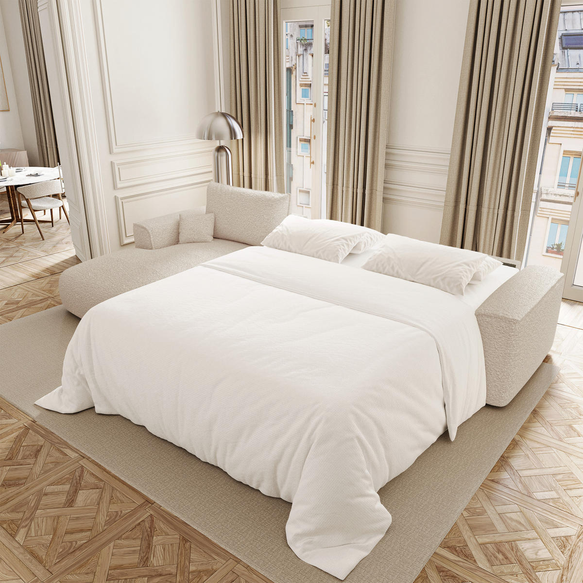SCHLAFSOFA Express COMO Bouclé-Stoff Creme 300cm - Creme, Textil (300/165cm) - Premium Interiors