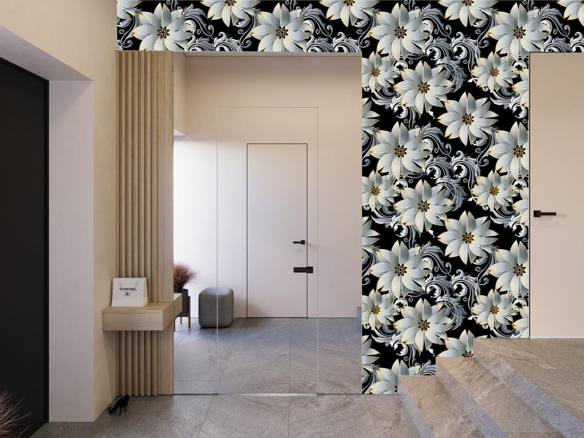 VLIESTAPETE Florale Ornamente in 3D-Optik – Silberfarben, Schwarz – 50x1000 cm - Silberfarben/Schwarz, Papier (50/1000cm) - Muralo
