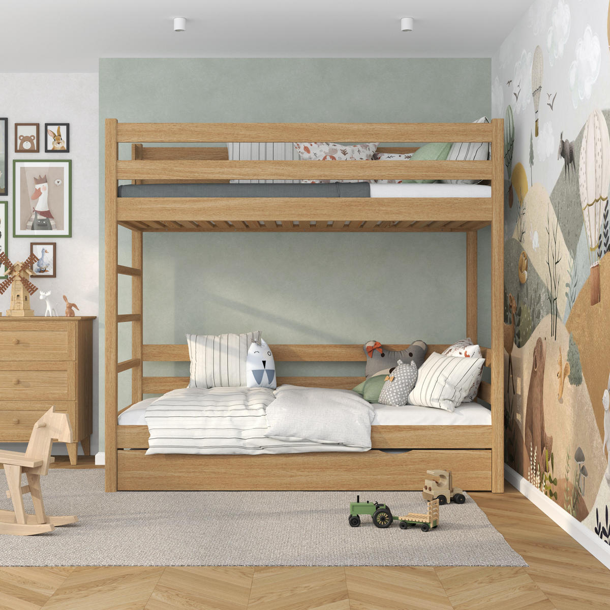 ETAGENBETT N03 mit Matratzenschublade Eiche Natur 90/180 - Eiche Artisan, Naturmaterialien/Holz (90/180cm) - N-Wood