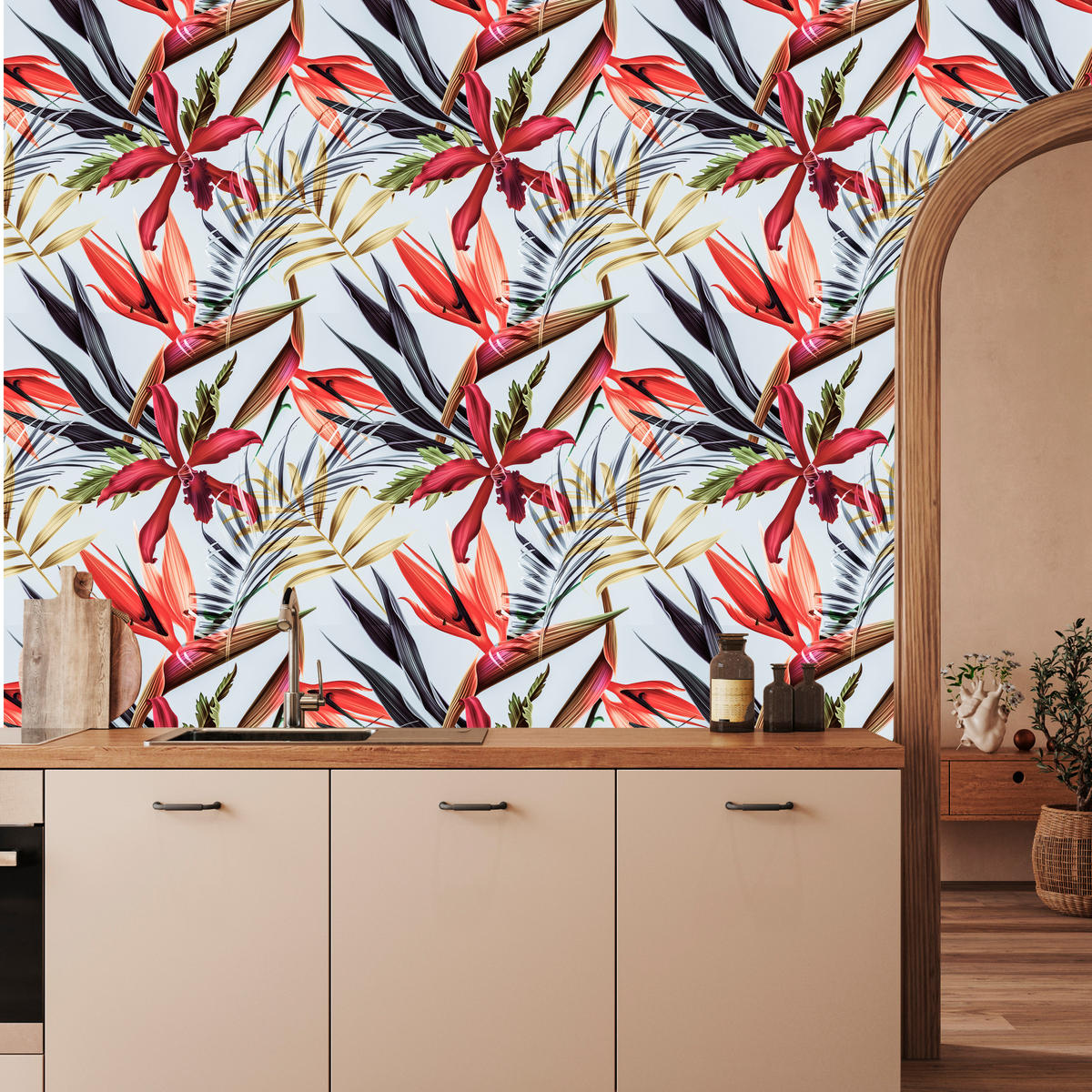 VLIESTAPETE Tropische Dschungelblüten – Rot, Grün, Weiß – 50x1000 cm - Rot/Weiß, Papier (50/1000cm) - Muralo