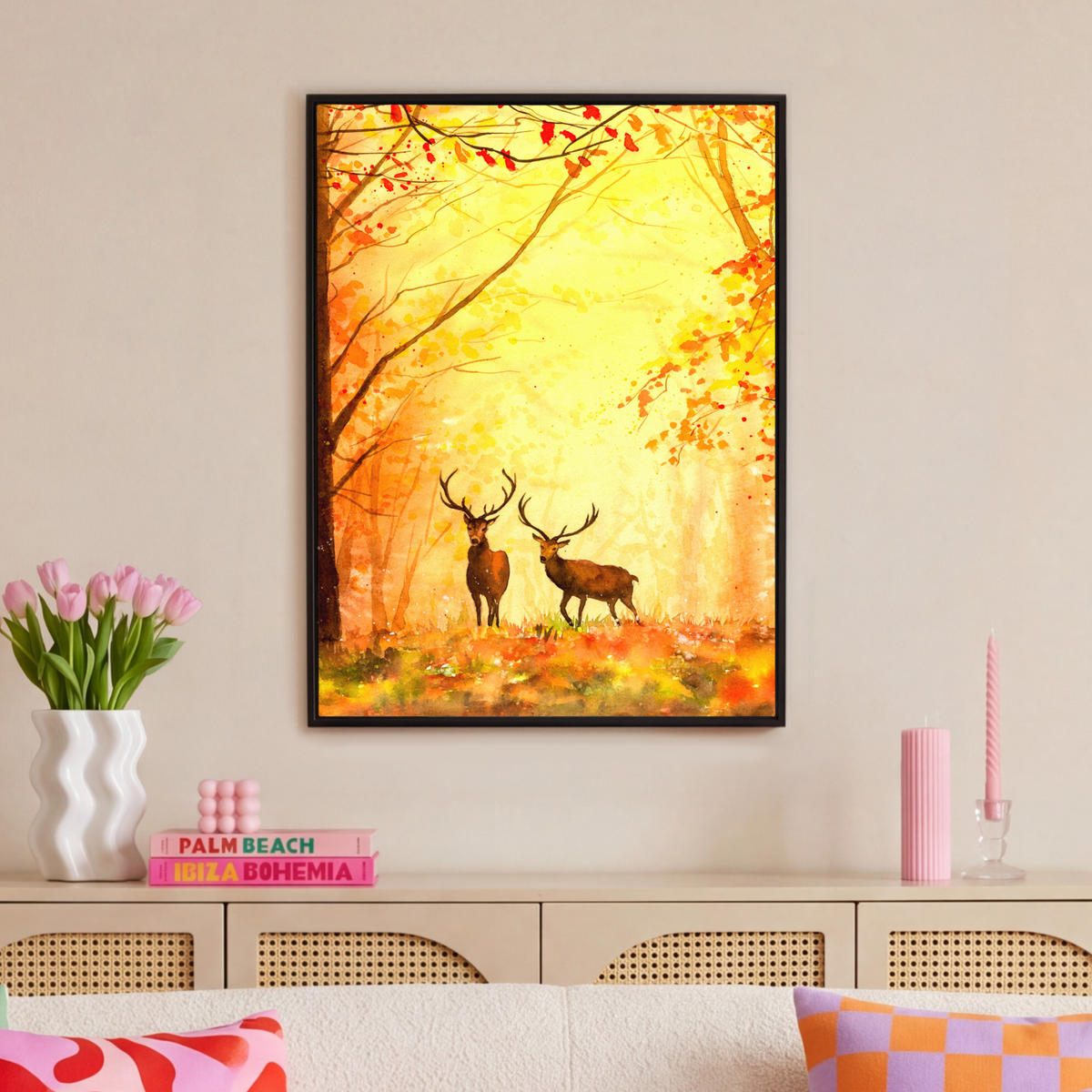 LEINWAND Bilder mit Rahmen - Natur - Ölfarbe - Hirsche - Tiere - Herbst - Orange - 70x100 - Orange, Textil (70/100cm) - MuchoWow