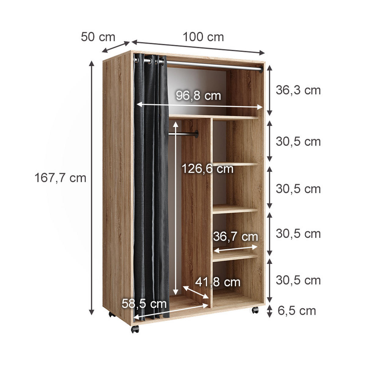 KLEIDERSCHRANK Doros Sonoma 100 x 168 cm offen, mit Rollen - Sonoma Eiche, Holzwerkstoff (100/168/50cm) - Vicco