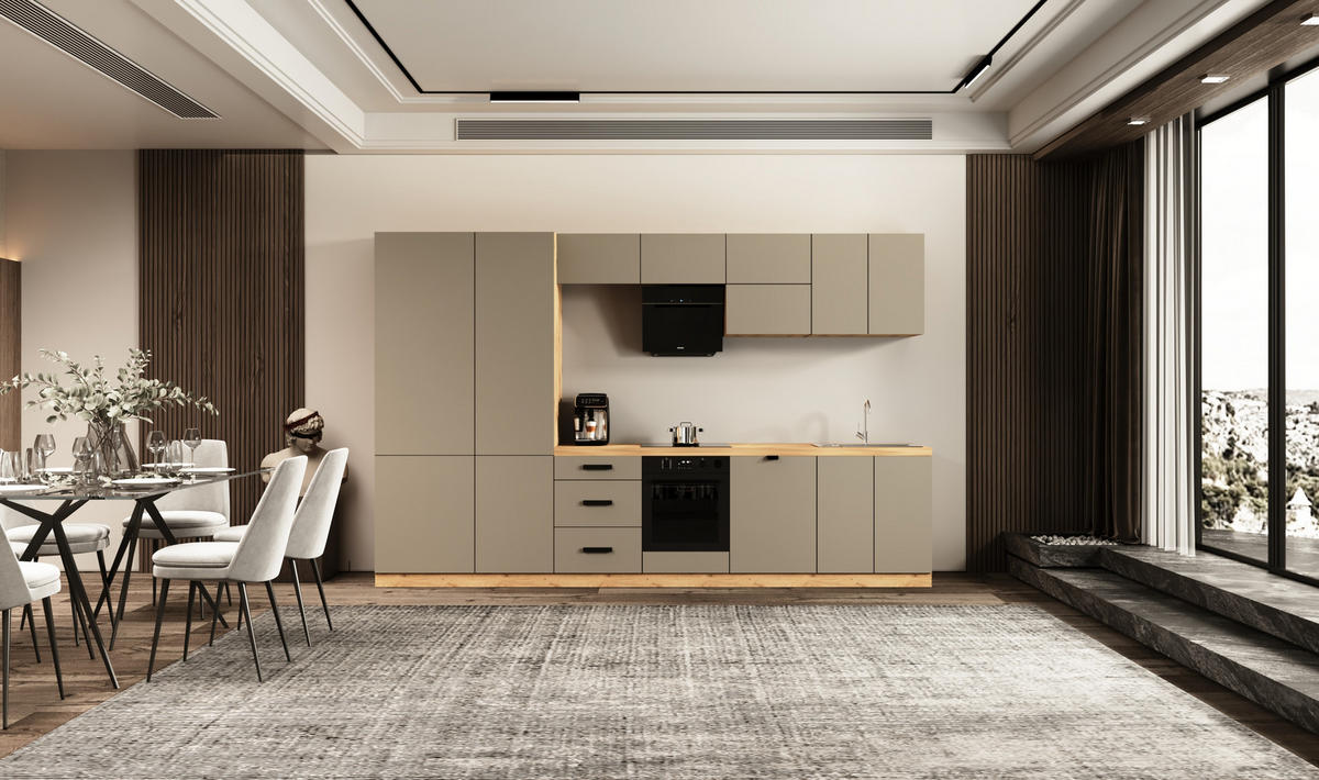 KÜCHENZEILE 360 cm - Langen KL19-M360 - in Beige/ Matt - Beige/Schwarz, Holz/Metall (360/212/58cm)